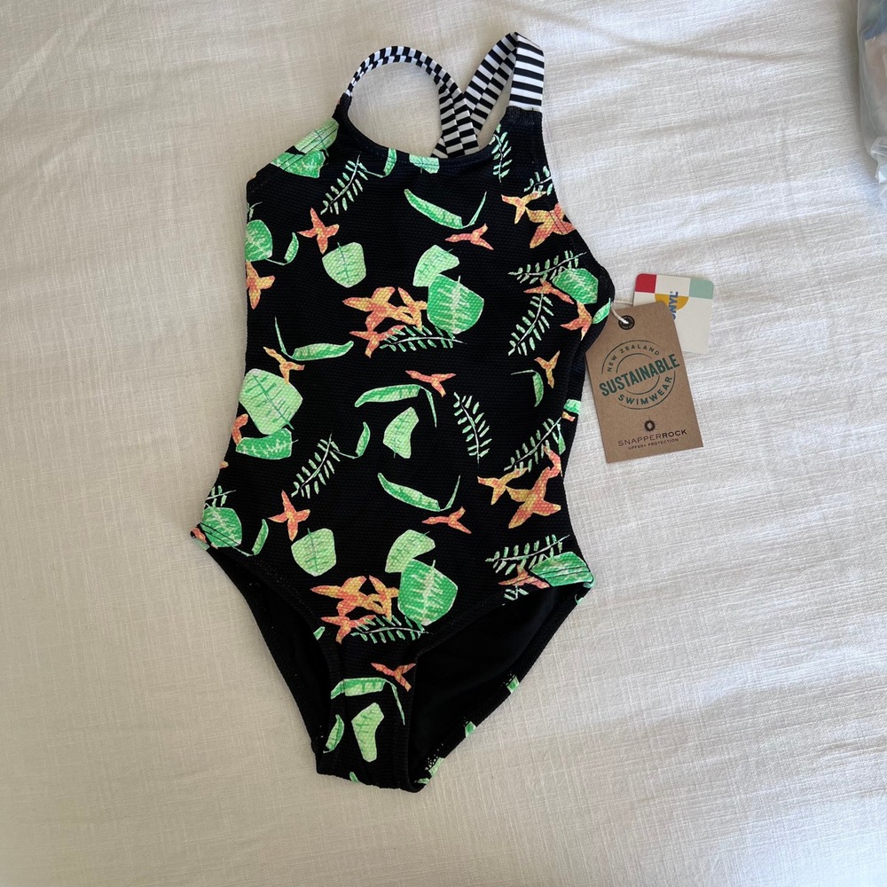 Snapper Rock Sustainable Swimsuit UPF 50+ One Piece Black Floral Size 4